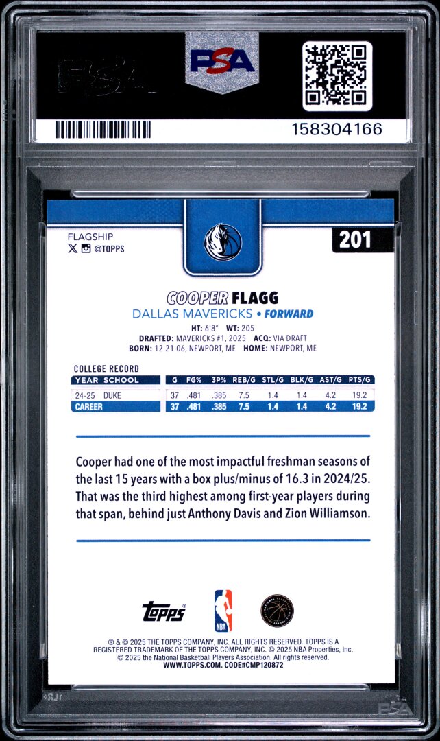 2025 Topps Cooper Flagg RC PSA 10 #201