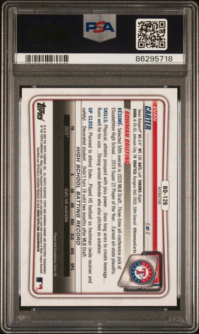 2020 Bowman Draft Evan Carter Chrome Refractor PSA 9 #BD126