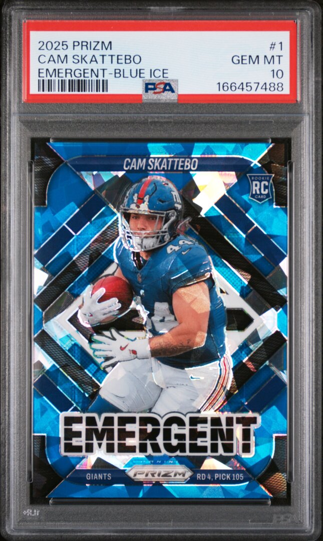 2025 Panini Prizm Emergent #1 Cam Skattebo Emergent Blue Ice PSA 10