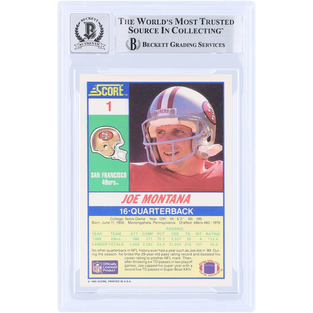 1990 Score Joe Montana Autograph Beckett/Fanatics Authentic, Auto 10