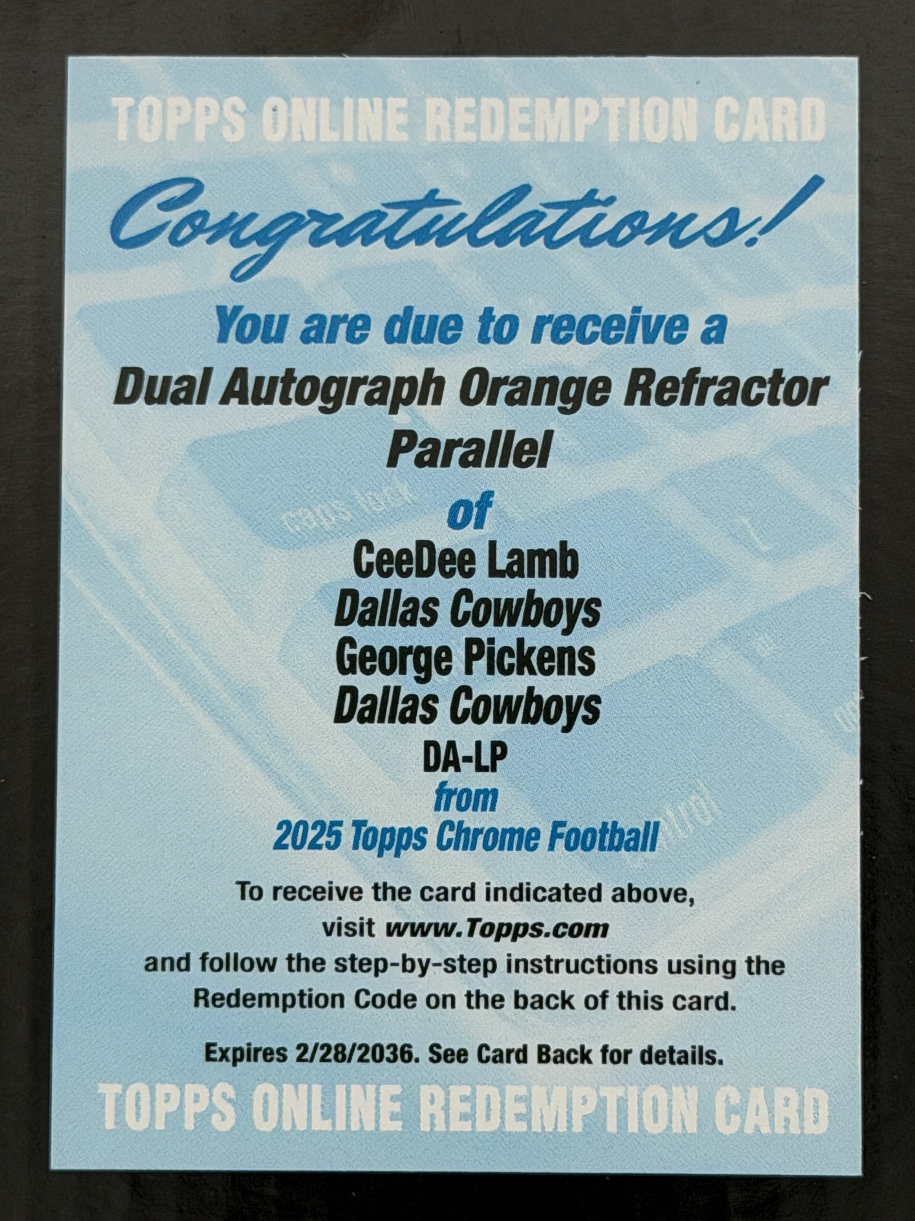2025 Topps Chrome CeeDee Lamb/George Pickens Dual Auto Redemption Orange /25
