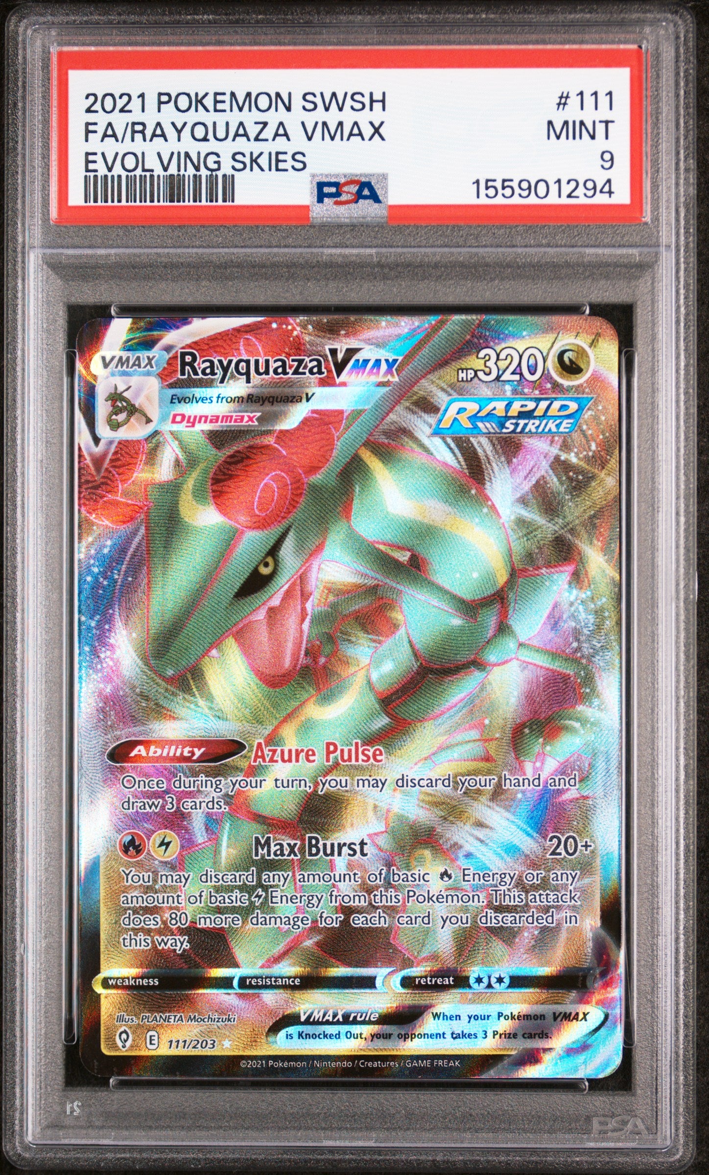2021 POKEMON SWORD & SHIELD EVOLVING SKIES 111 FULL ART/RAYQUAZA VMAX PSA 9 - front