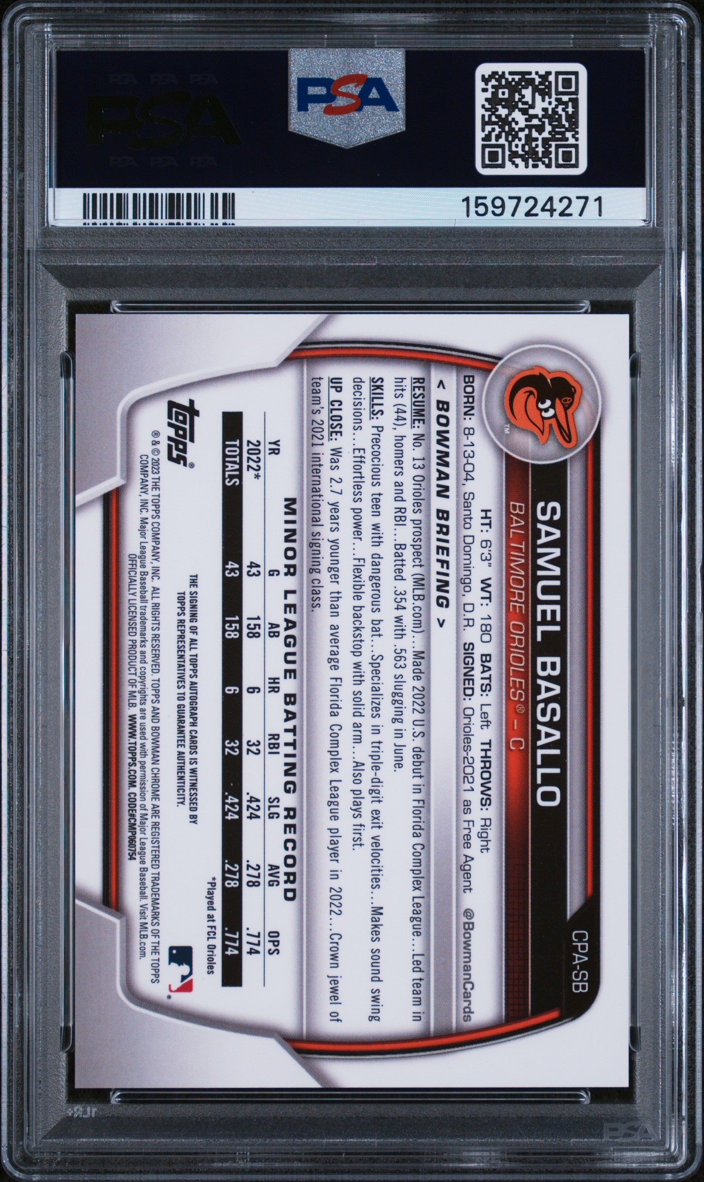 2023 BOWMAN CHROME PROSPECT AUTOGRAPHS CPASB SAMUEL BASALLO PSA 9 - back