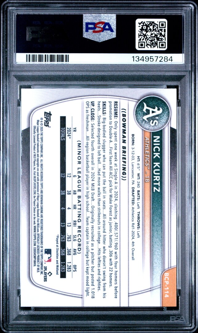 2025 Bowman Chrome Prospects Nick Kurtz PSA 8 #BCP114