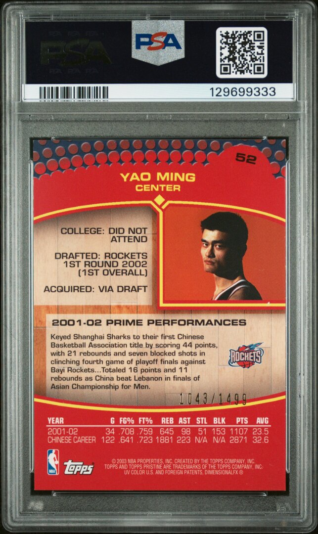 2002 Topps #52 Pristine Yao Ming RC /1499 PSA 9