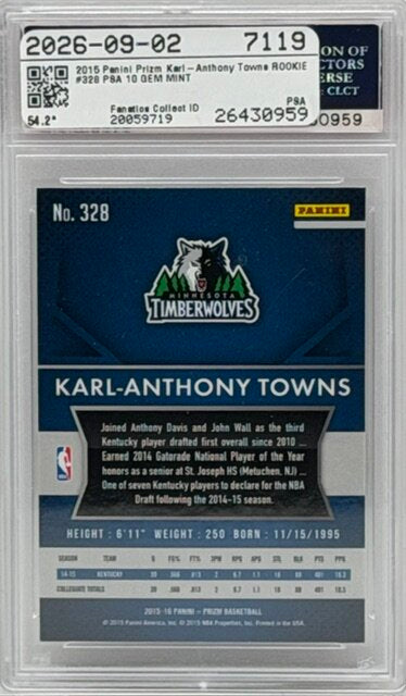 2015 Panini Prizm Karl-Anthony Towns RC PSA 10 #328