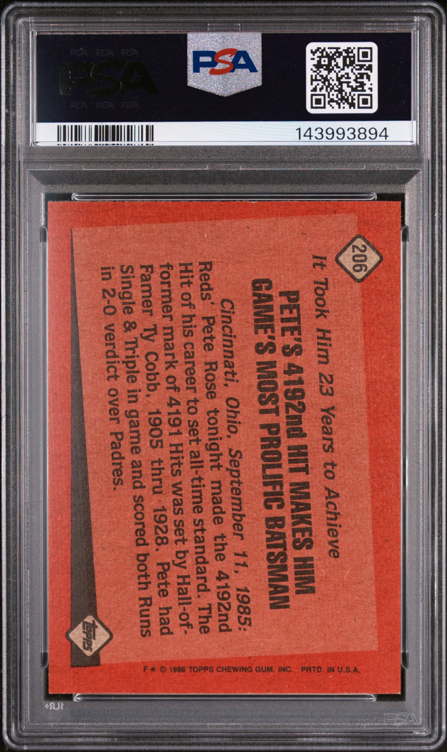 1986 TOPPS 206 PETE ROSE PSA 7 - back