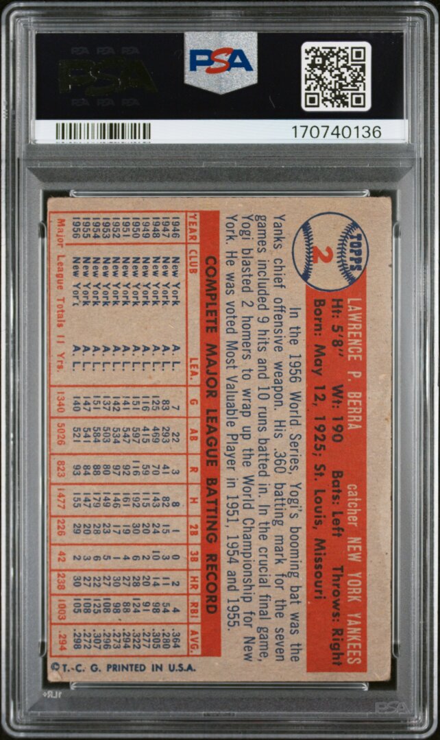 1957 Topps #2 Yogi Berra PSA 2