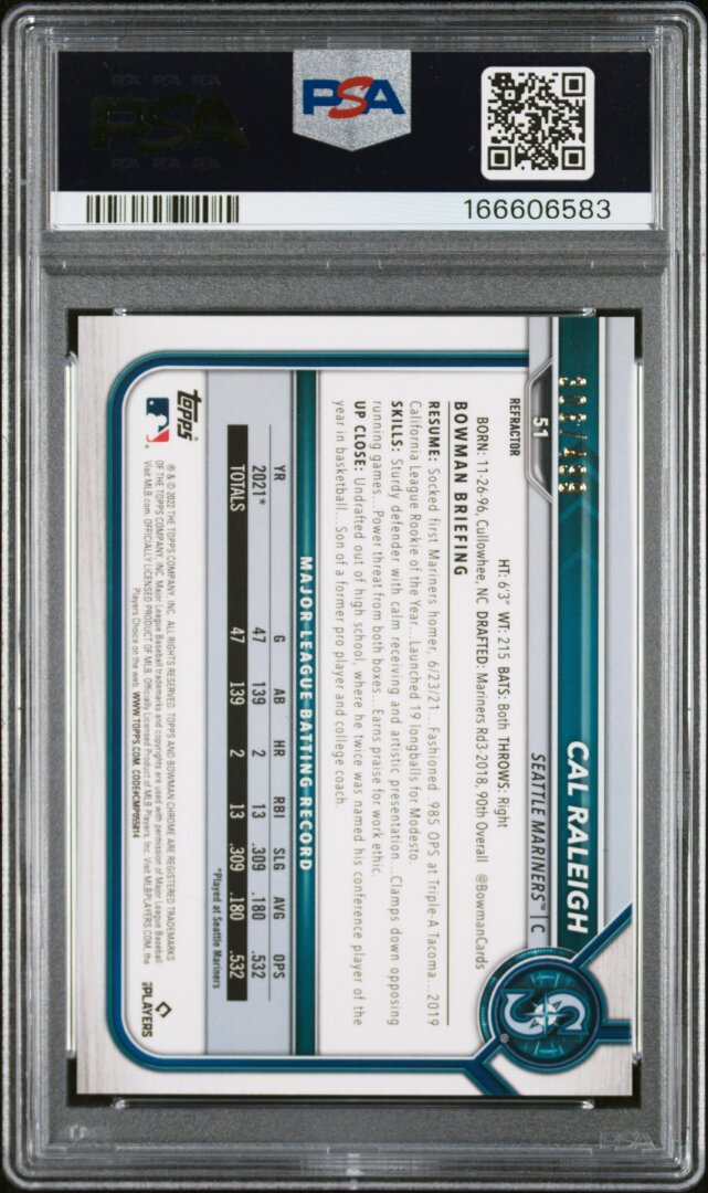 2022 Bowman Chrome #51 Cal Raleigh Refractor PSA 9