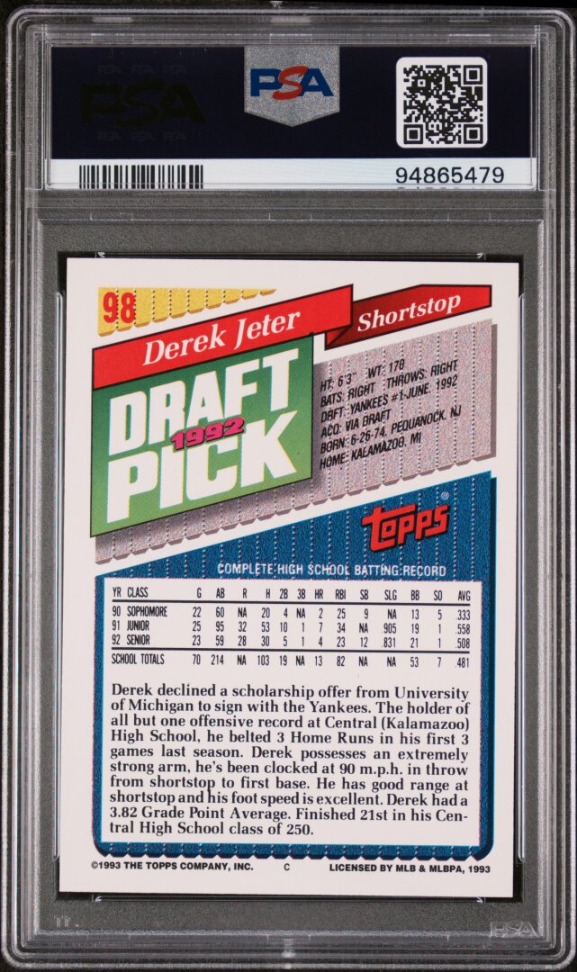 1993 Topps Gold #98 Derek Jeter RC PSA 9