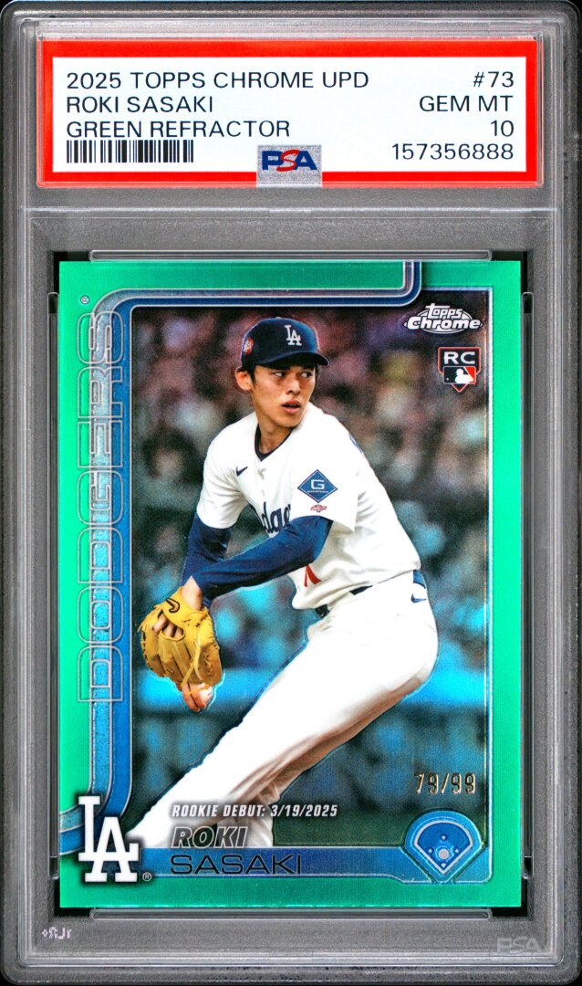2025 Topps Chrome Update #73 Roki Sasaki Green Refractor /99 RC PSA 10