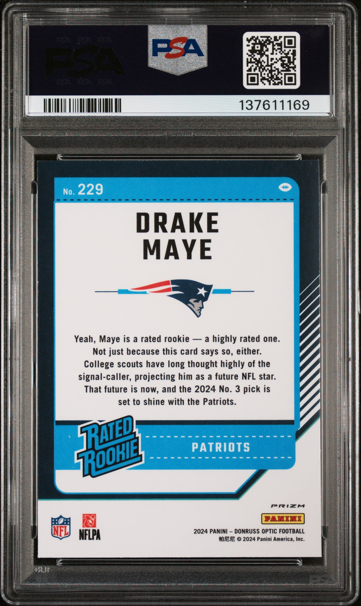 2024 Panini Donruss Optic Drake Maye Purple Shock PSA 7