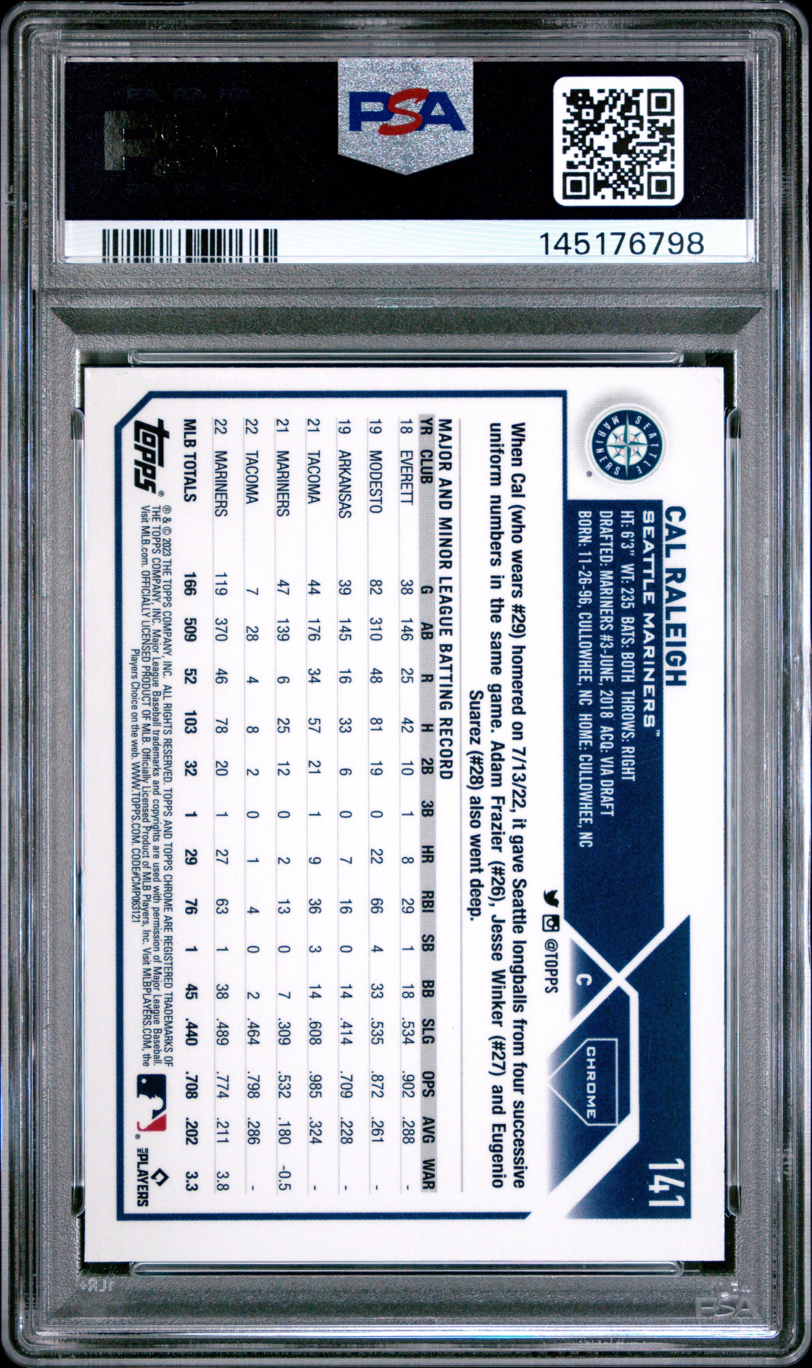 2023 Topps Chrome 141 Cal Raleigh PSA 10