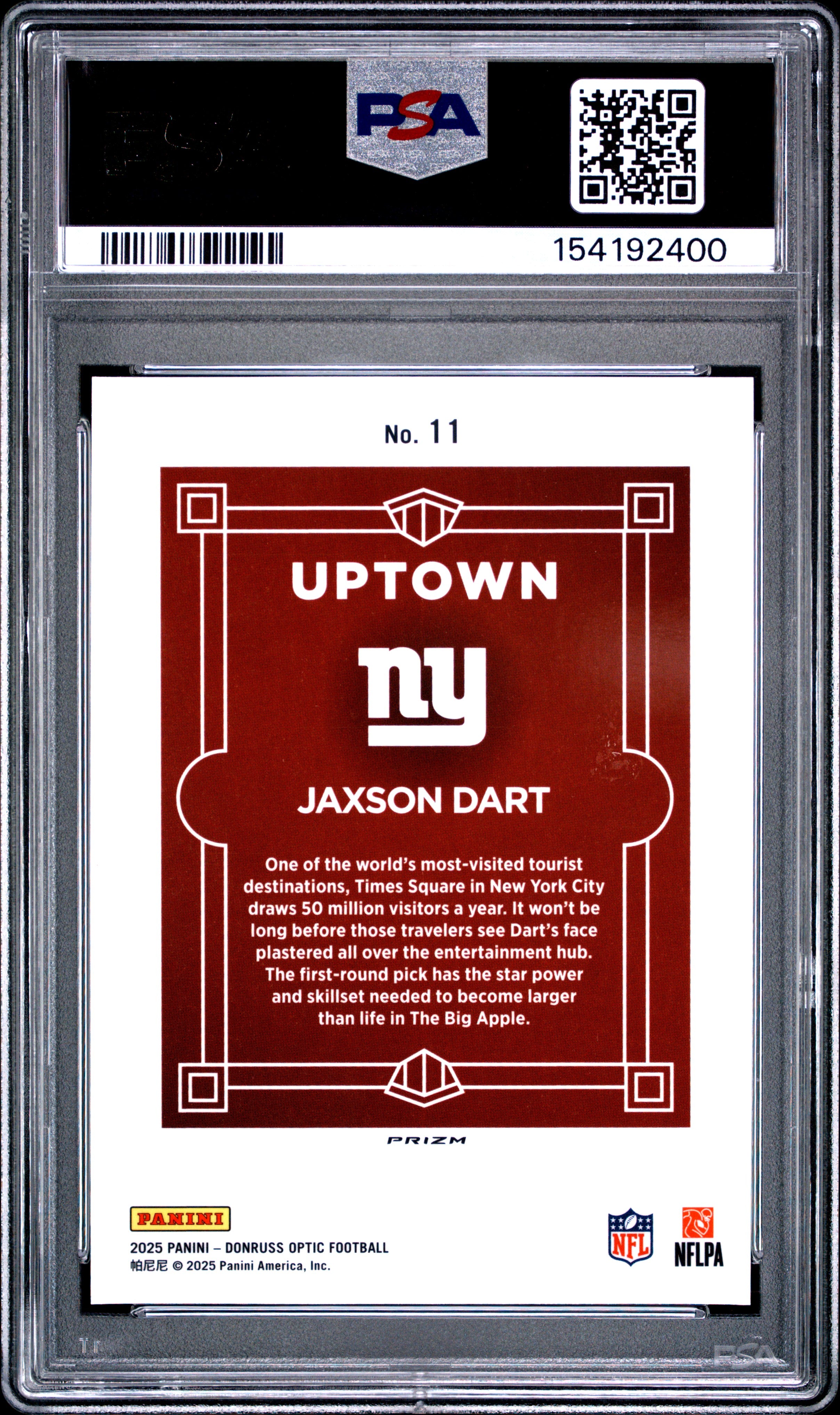 2025 PANINI DONRUSS OPTIC UPTOWN 11 JAXSON DART PSA 8 - back