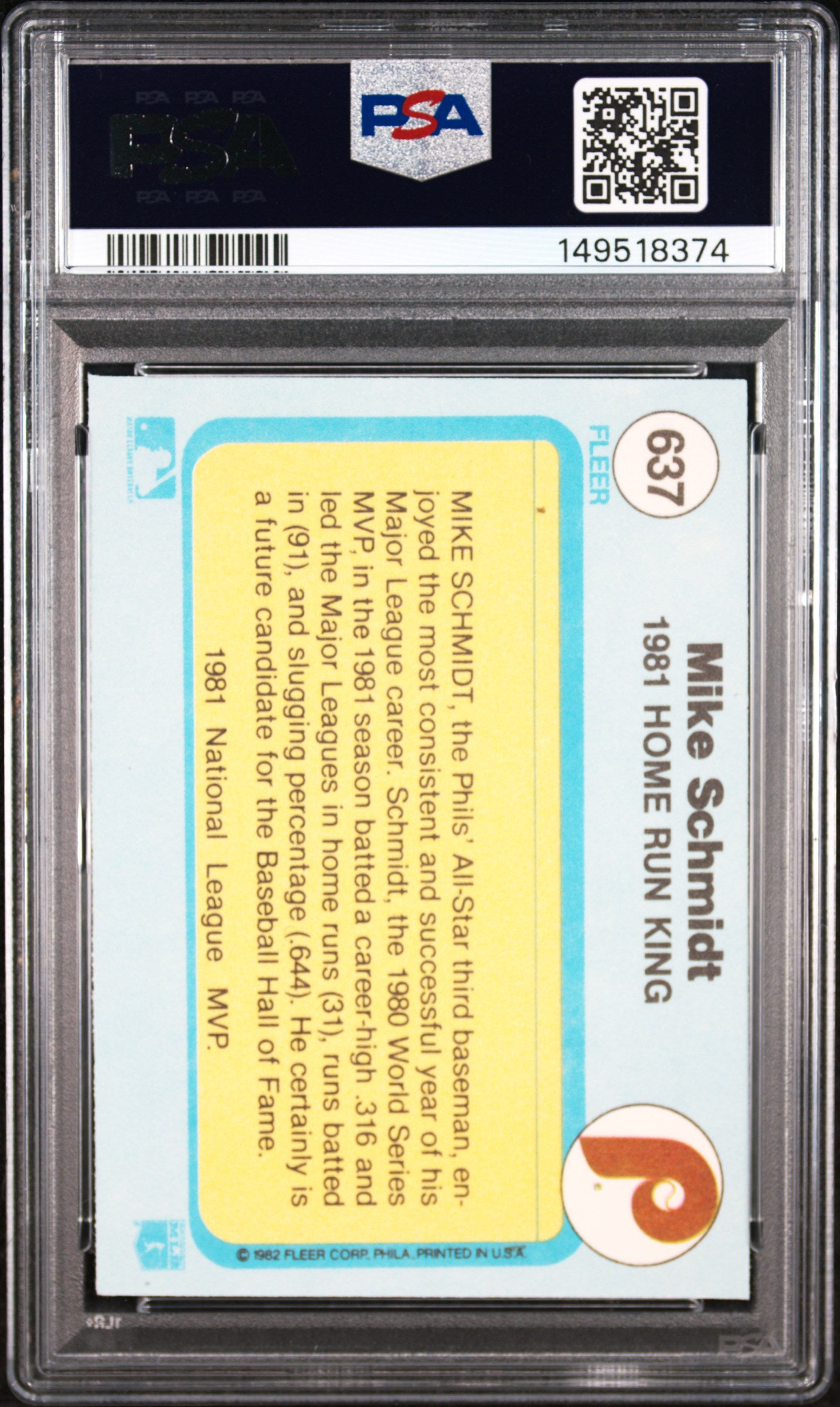 1982 FLEER 637 MIKE SCHMIDT PSA 9 - back