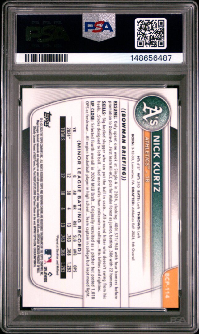 2025 Bowman Chrome Prospects Nick Kurtz Blue Shimmer PSA 10 #BCP114