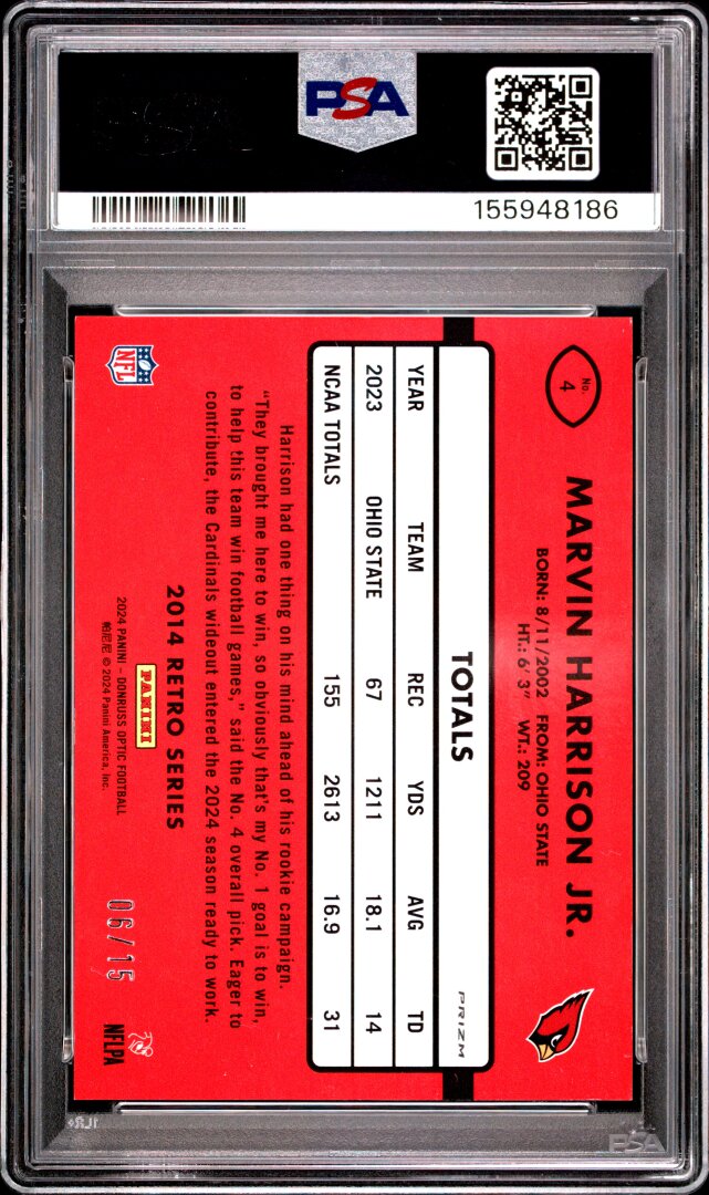 2024 Panini Donruss Optic Marvin Harrison Jr. 2014 Retro Ice /15 PSA 10