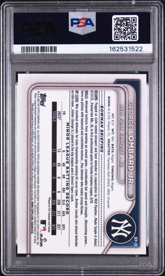 2024 Bowman Chrome Prospects George Lombard Jr. PSA 9 #BCP79