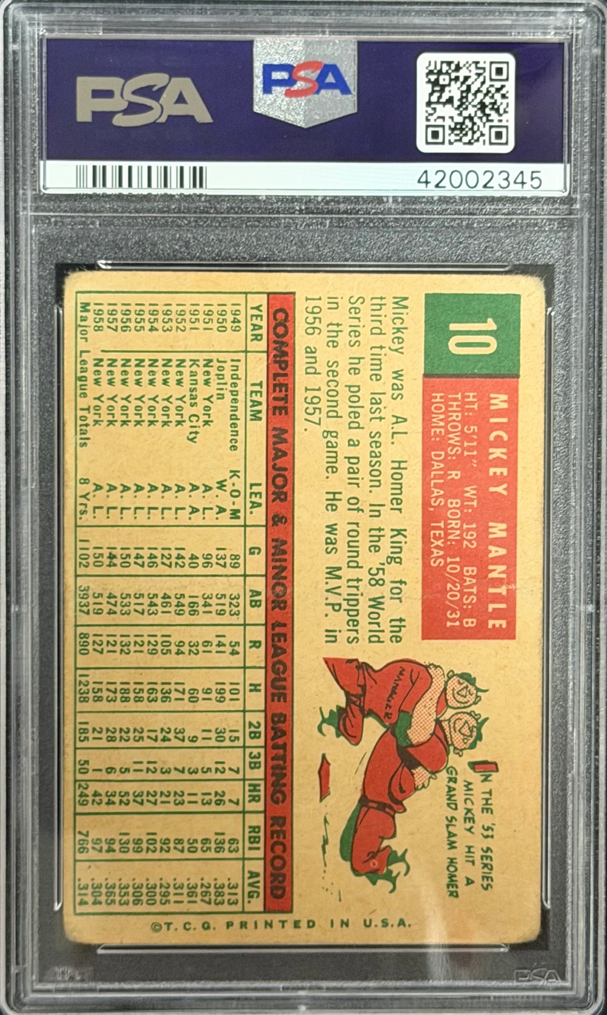 1959 TOPPS 10 MICKEY MANTLE PSA 1.5