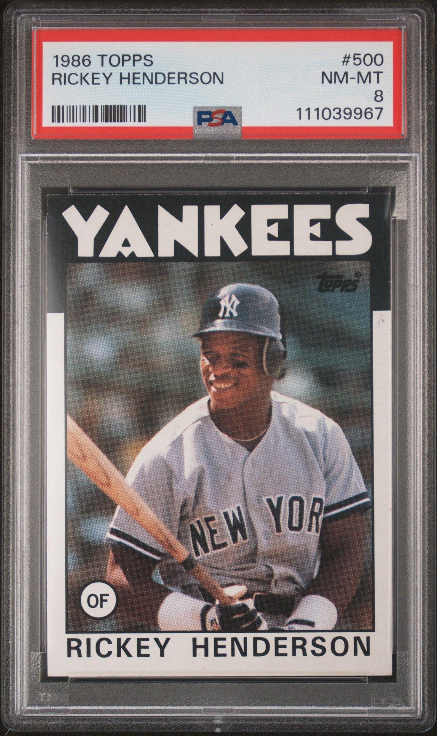 1986 TOPPS 500 RICKEY HENDERSON PSA 8 - front