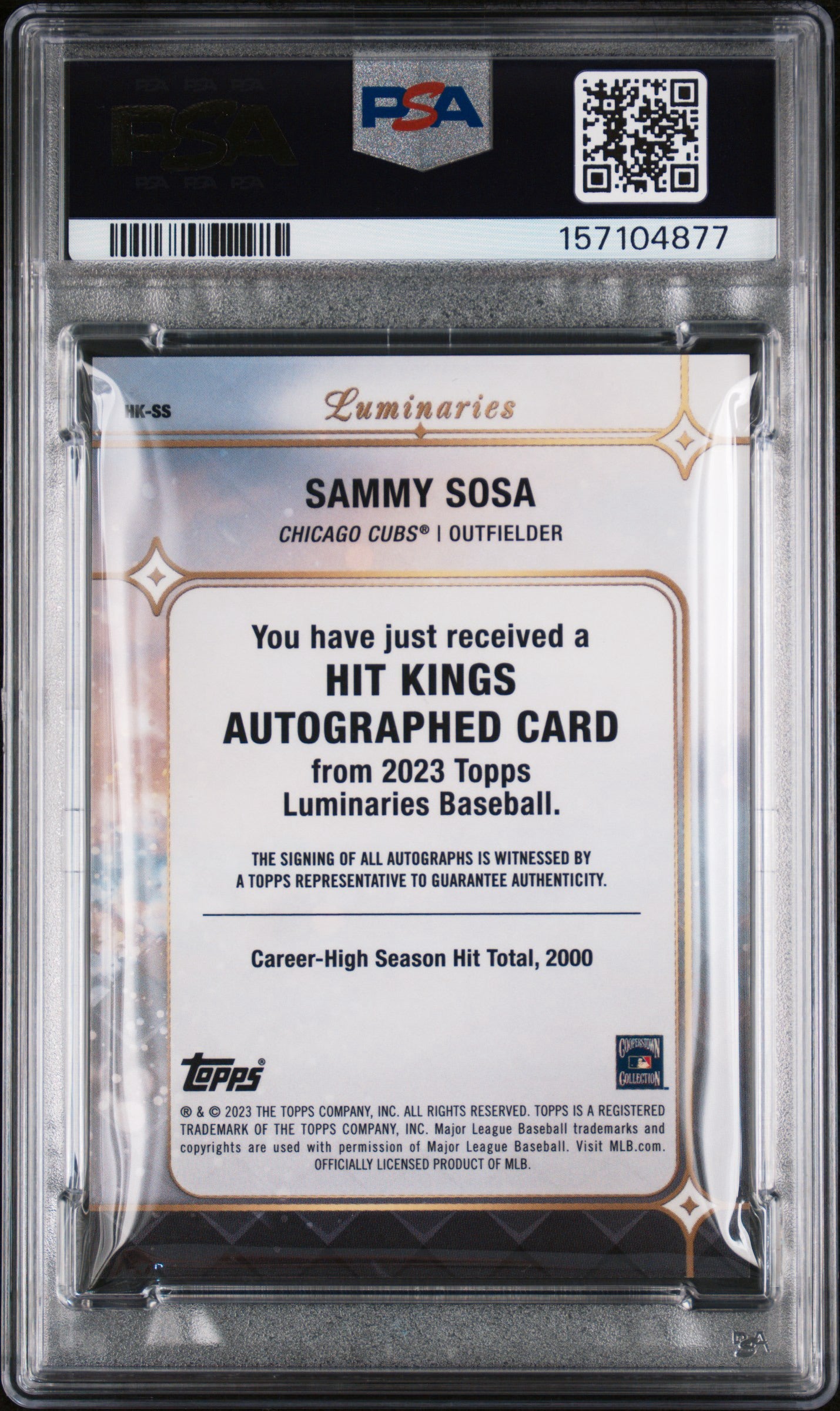 2023 Topps Luminaries Sammy Sosa Hit Kings /3 Auto PSA 9