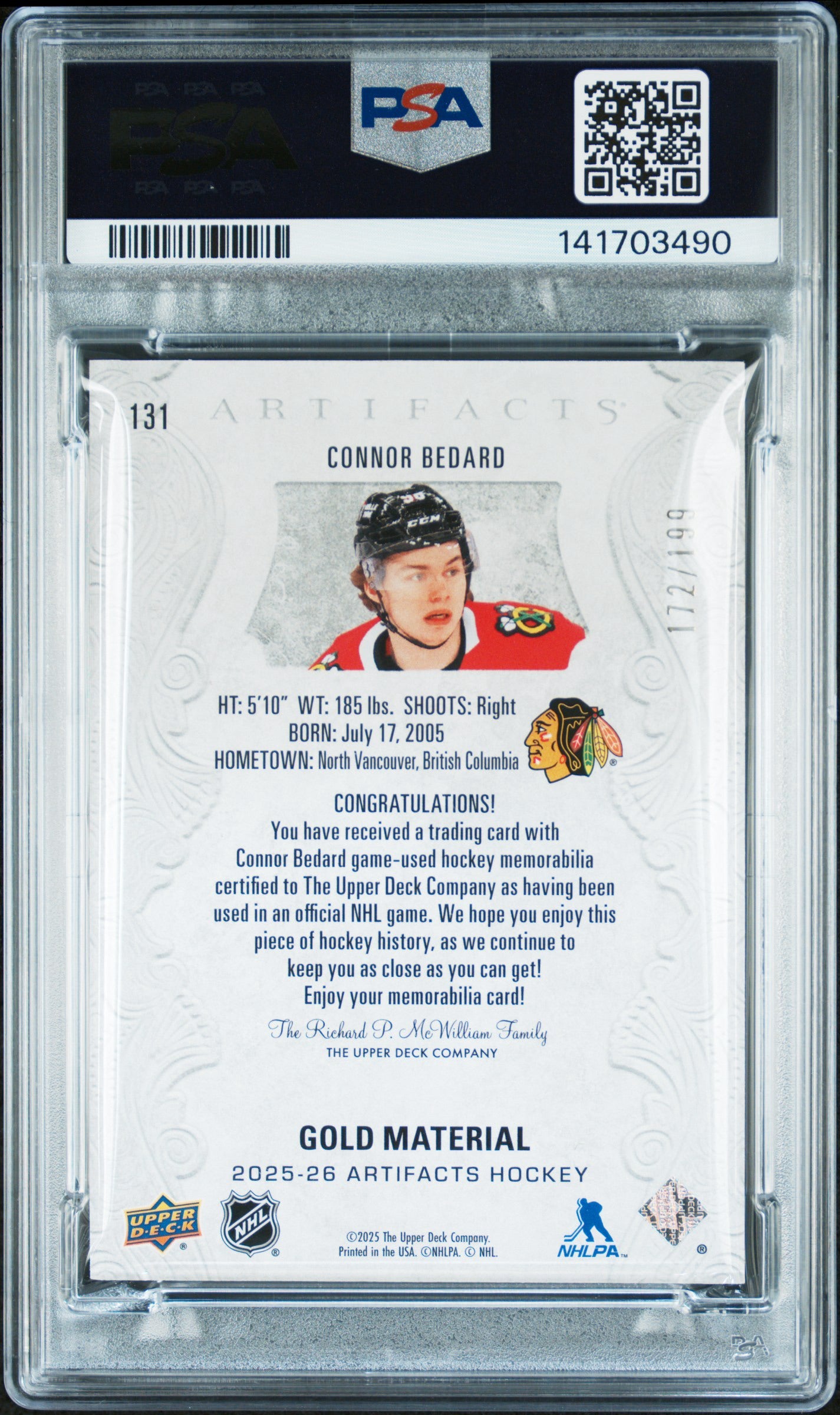 2025 Upper Deck Artifacts Connor Bedard Material-Gold /199 PSA 8