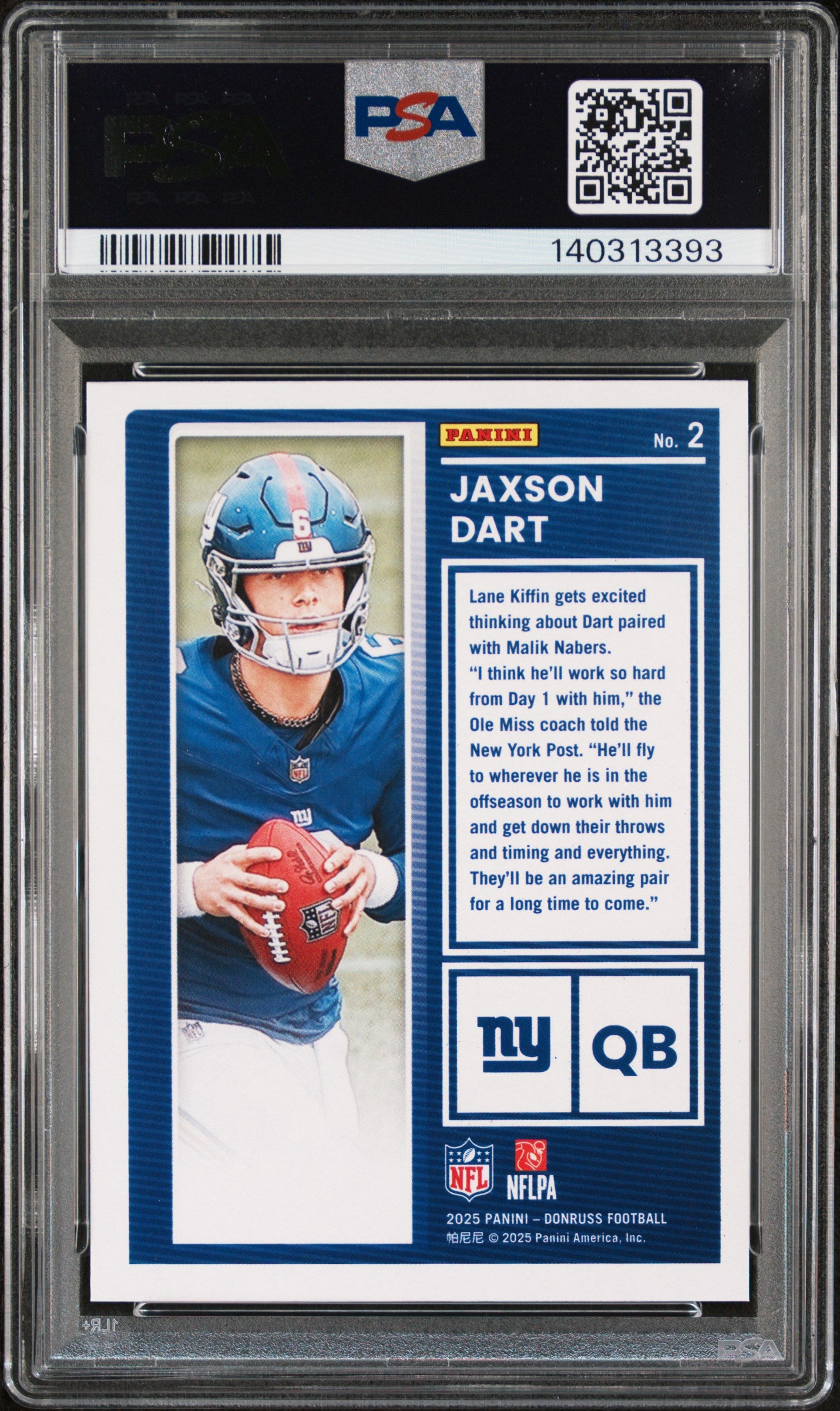 2025 Panini Donruss Jaxson Dart The Rookies PSA 8