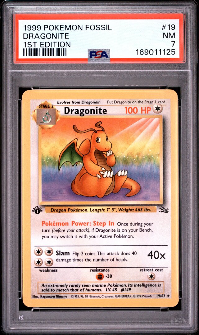 1999 Pokemon #19 Fossil Dragonite 1st Edition PSA 7