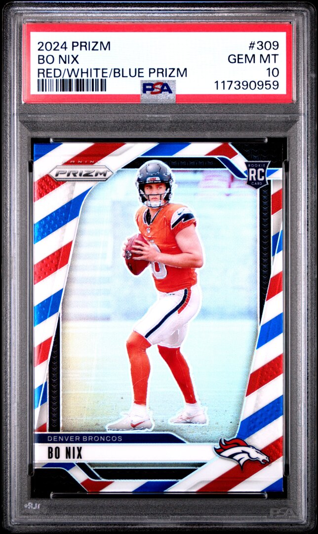 2024 Panini Prizm #309 Bo Nix Red/White/Blue Prizm RC PSA 10
