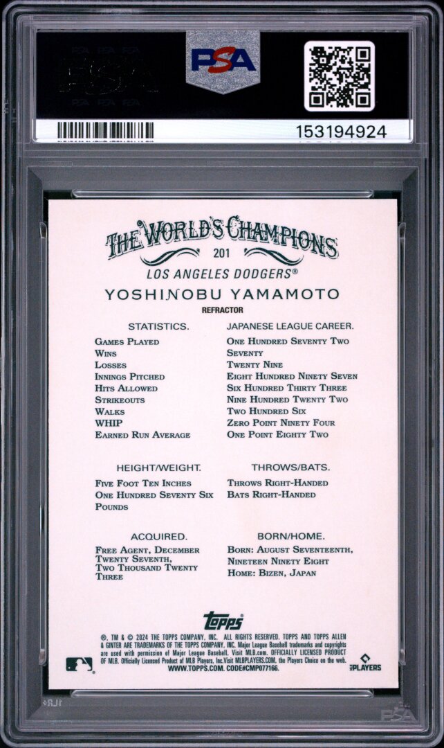 2024 Topps Allen & Ginter Yoshinobu Yamamoto RC Chrome Refractor PSA 9 #201