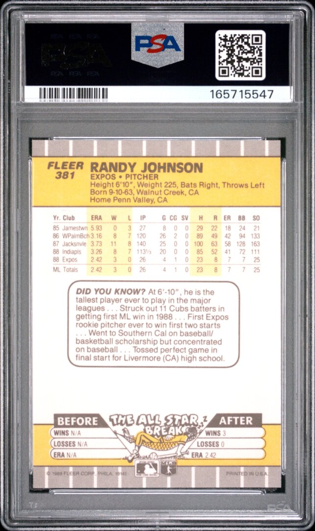 1989 Fleer #381 Randy Johnson RC Ad Partially Obscured PSA 8