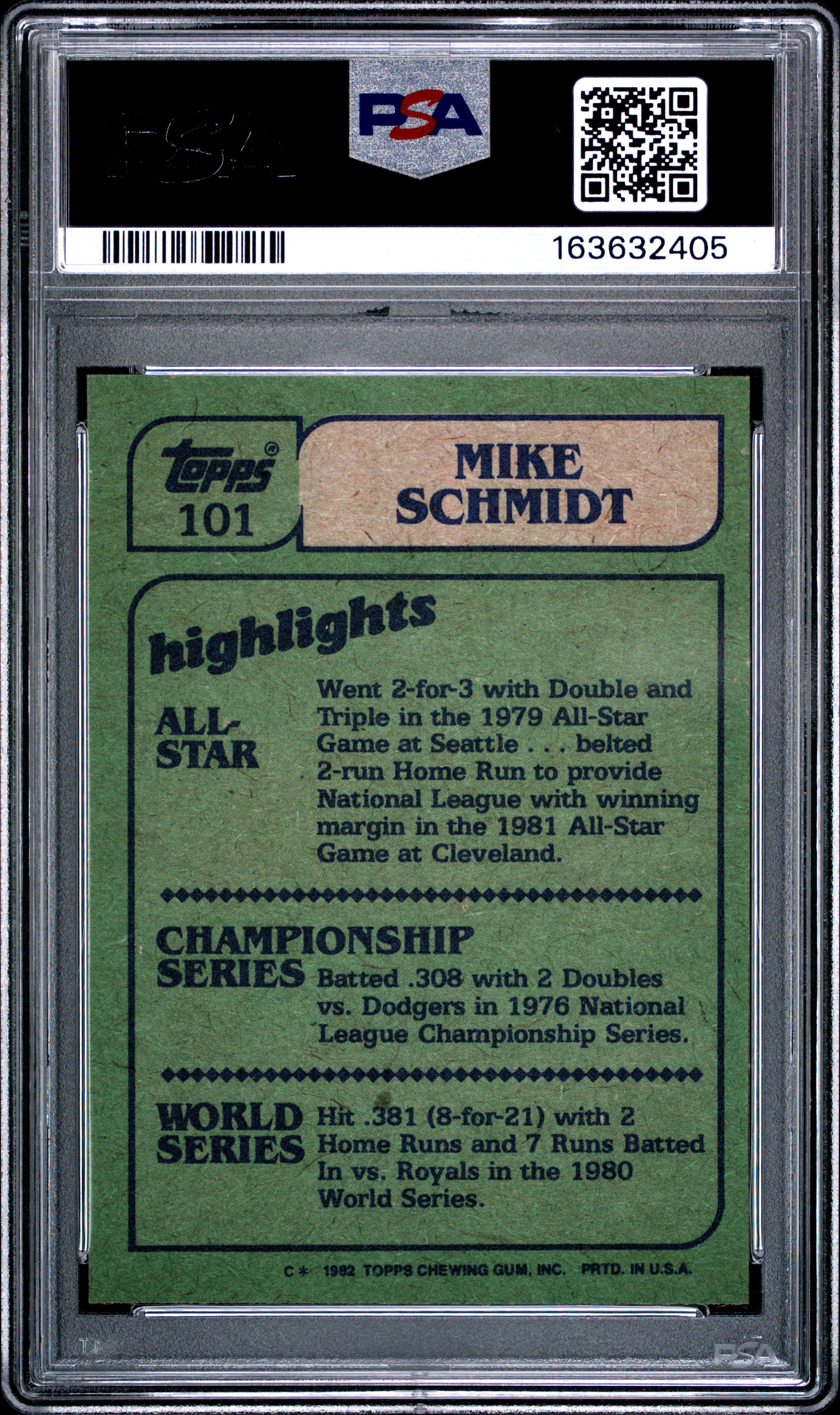 1982 TOPPS 101 MIKE SCHMIDT IN ACTION PSA 8 - back