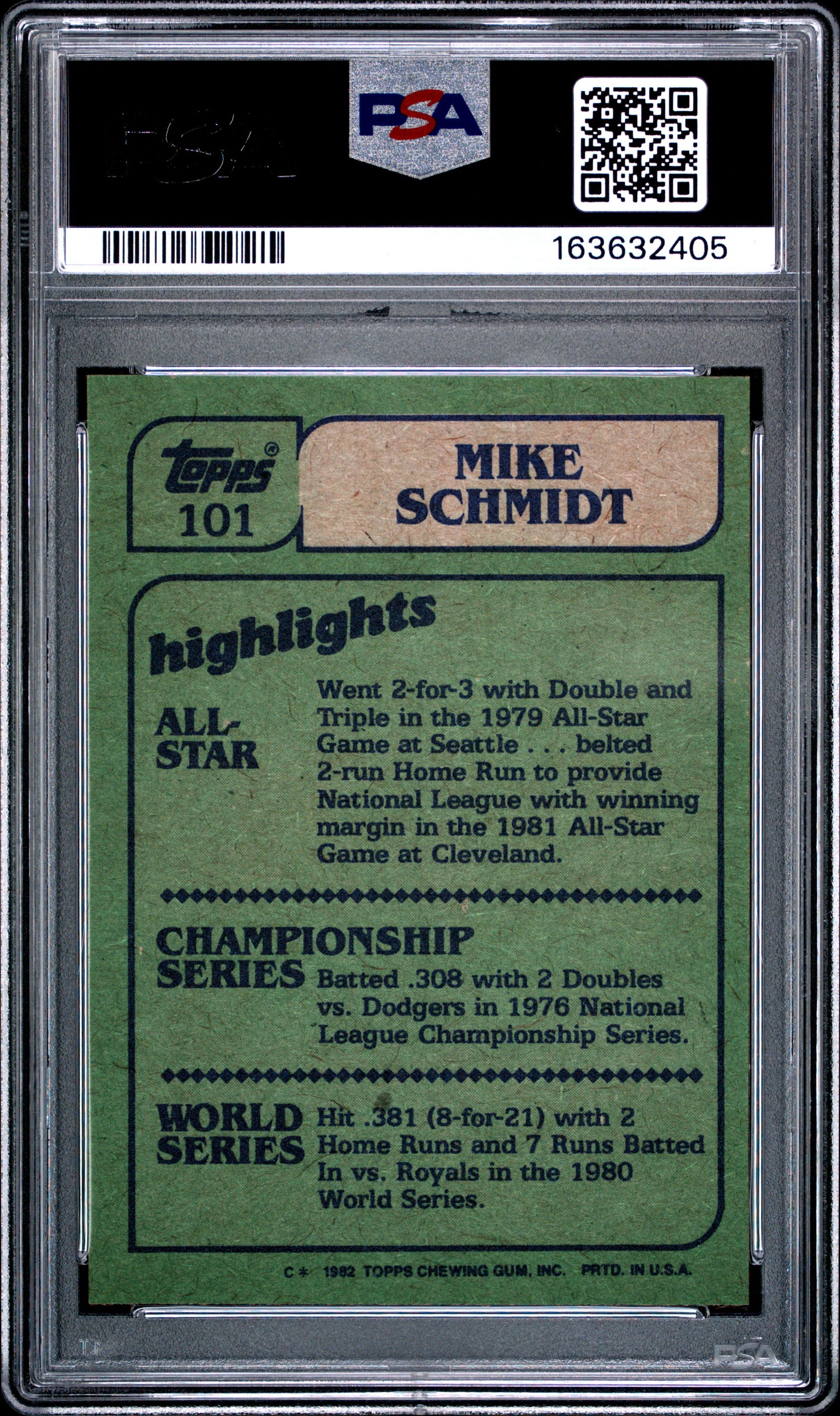 1982 TOPPS 101 MIKE SCHMIDT IN ACTION PSA 8 - back