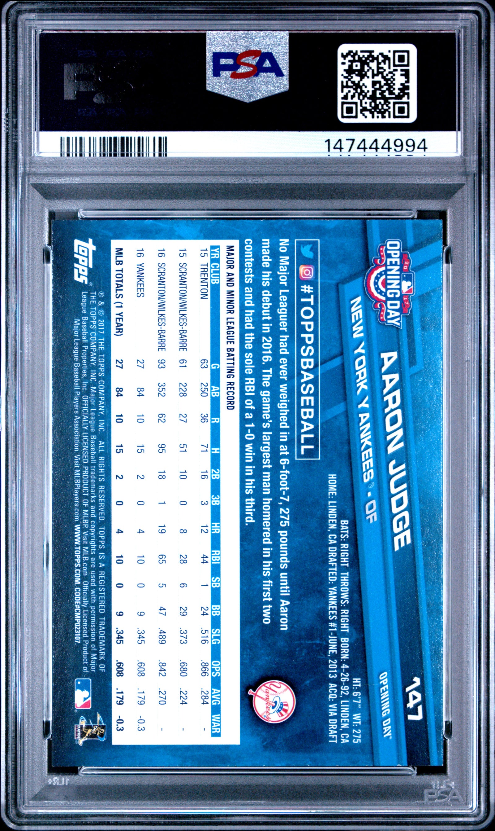 2017 Topps Opening Day 147 Aaron Judge Fielding-Rainbow Blue Foil PSA 9