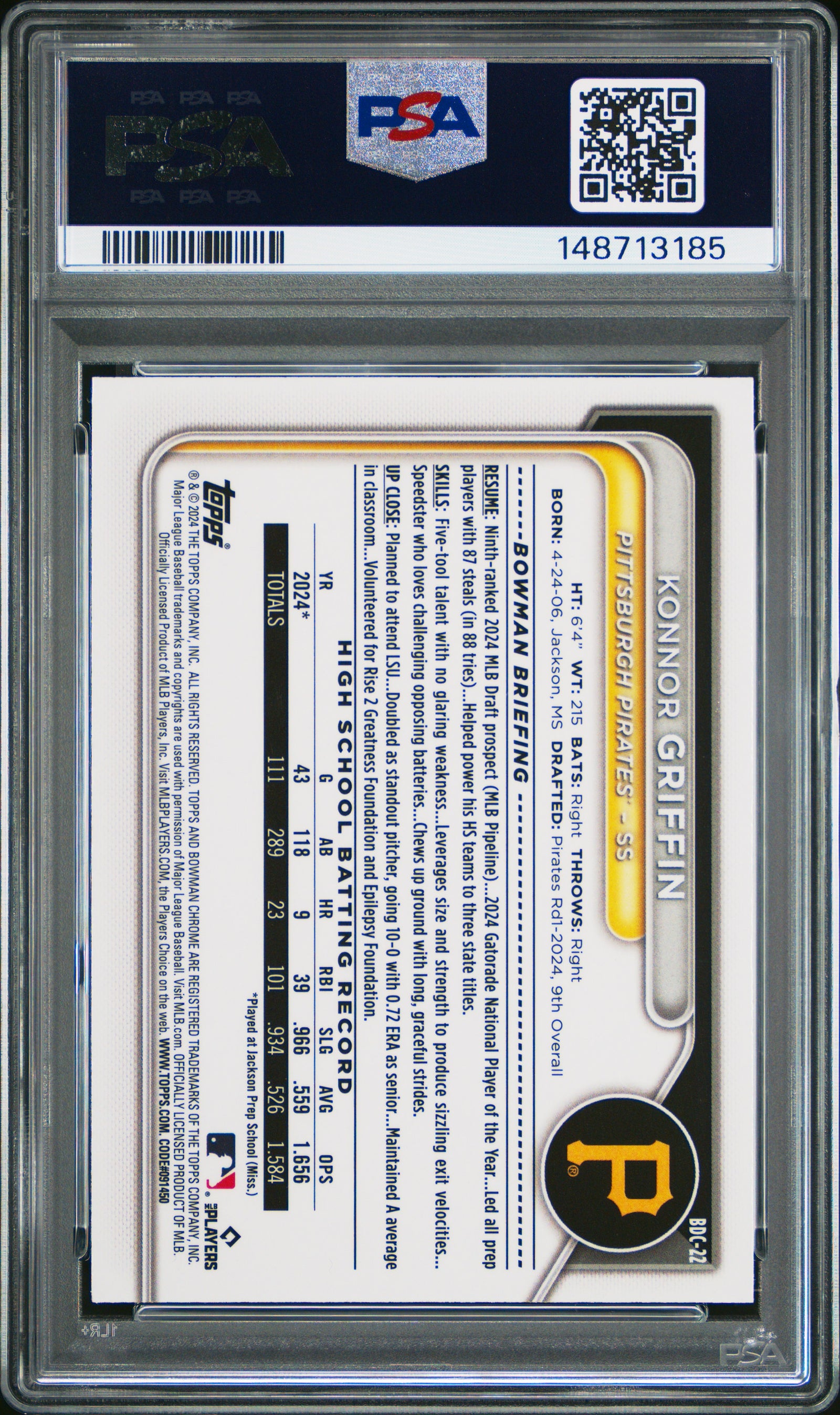 2024 Bowman Draft Bdc22 Konnor Griffin Chrome PSA 9
