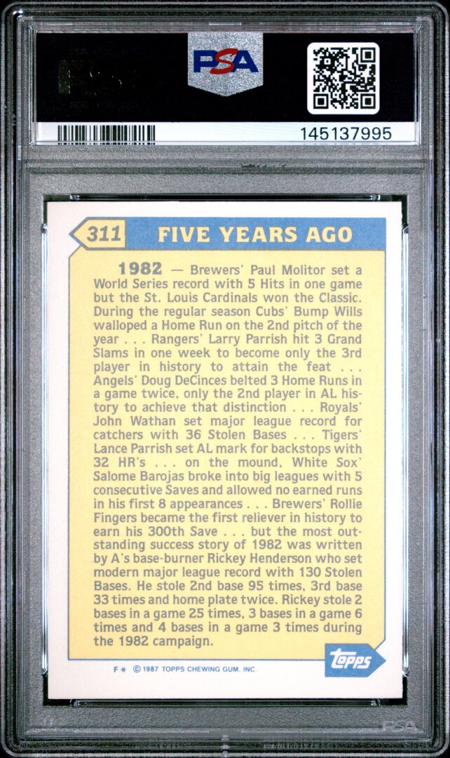 1987 Topps Tiffany Rickey Henderson Turn Back the Clock PSA 9 #311