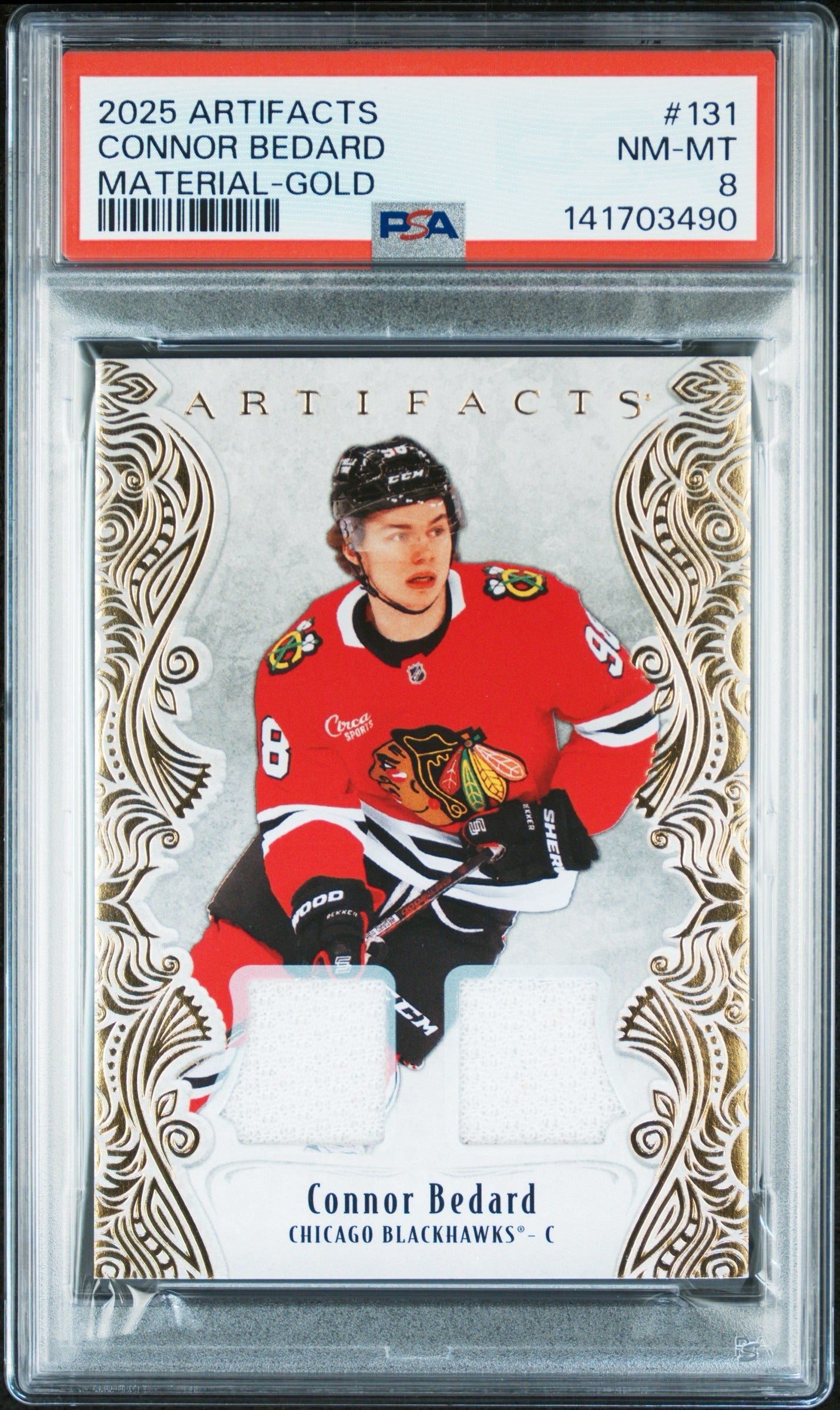 2025 Upper Deck Artifacts Connor Bedard Material-Gold /199 PSA 8