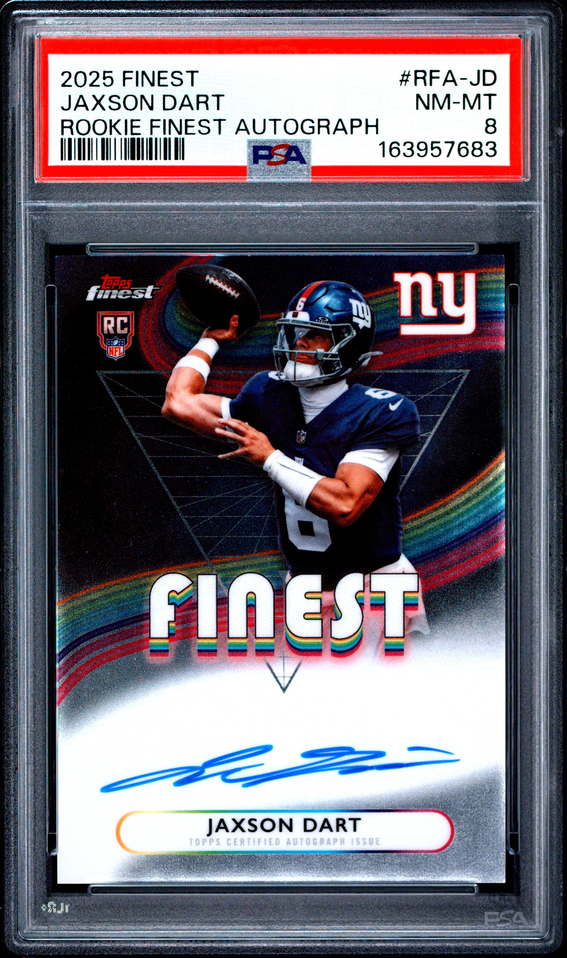 2025 TOPPS FINEST ROOKIE FINEST AUTOGRAPHS RFA-JD JAXSON DART PSA 8 - front