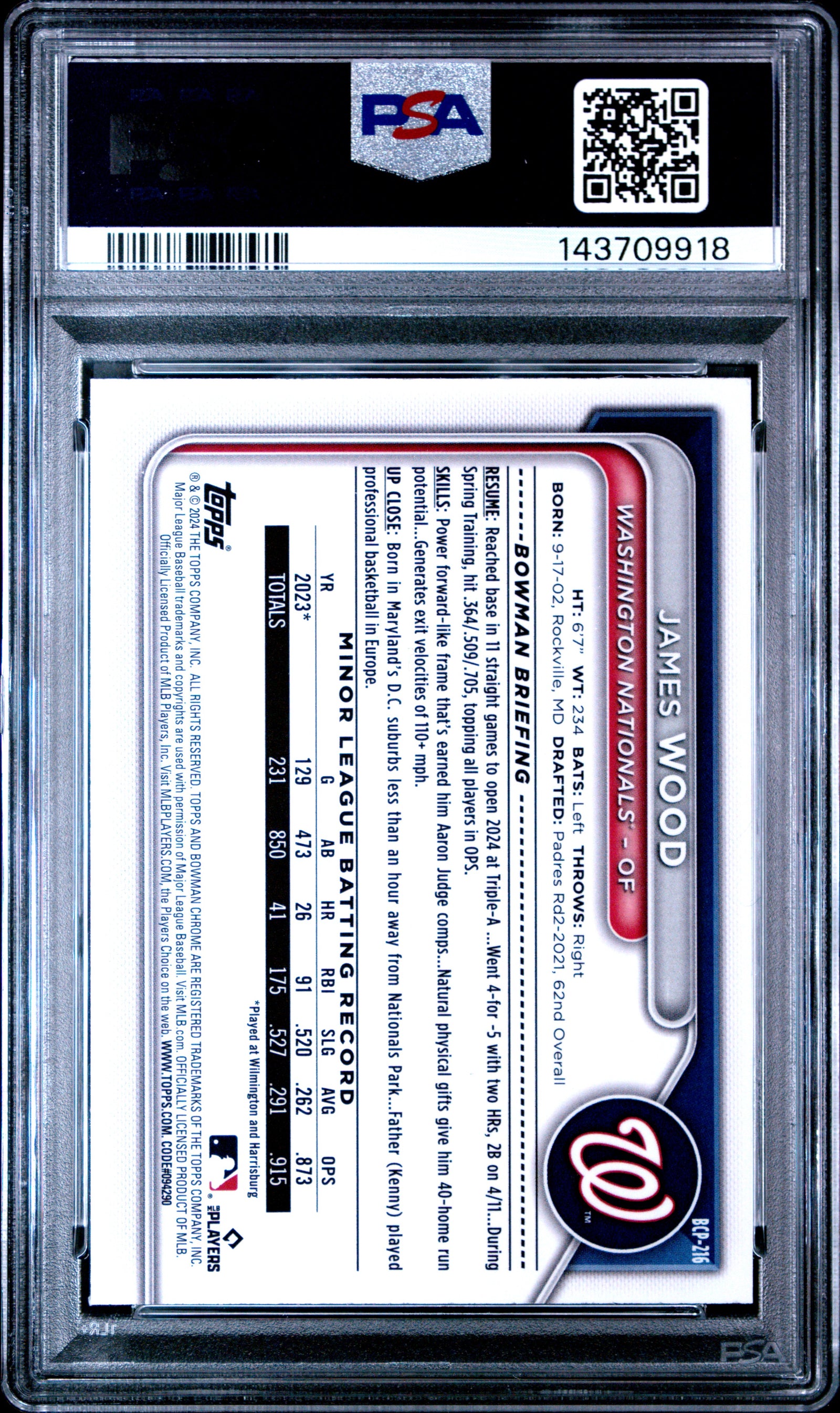 2024 Bowman Mega Box Chrome Prospects 216 James Wood  PSA 10