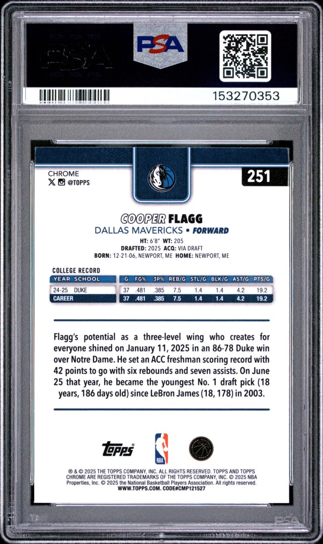 2025 Topps Chrome Cooper Flagg PSA 10 #251