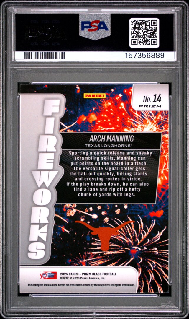 2025 Panini Prizm Black #14 Arch Manning Fireworks Silver Prizm PSA 10