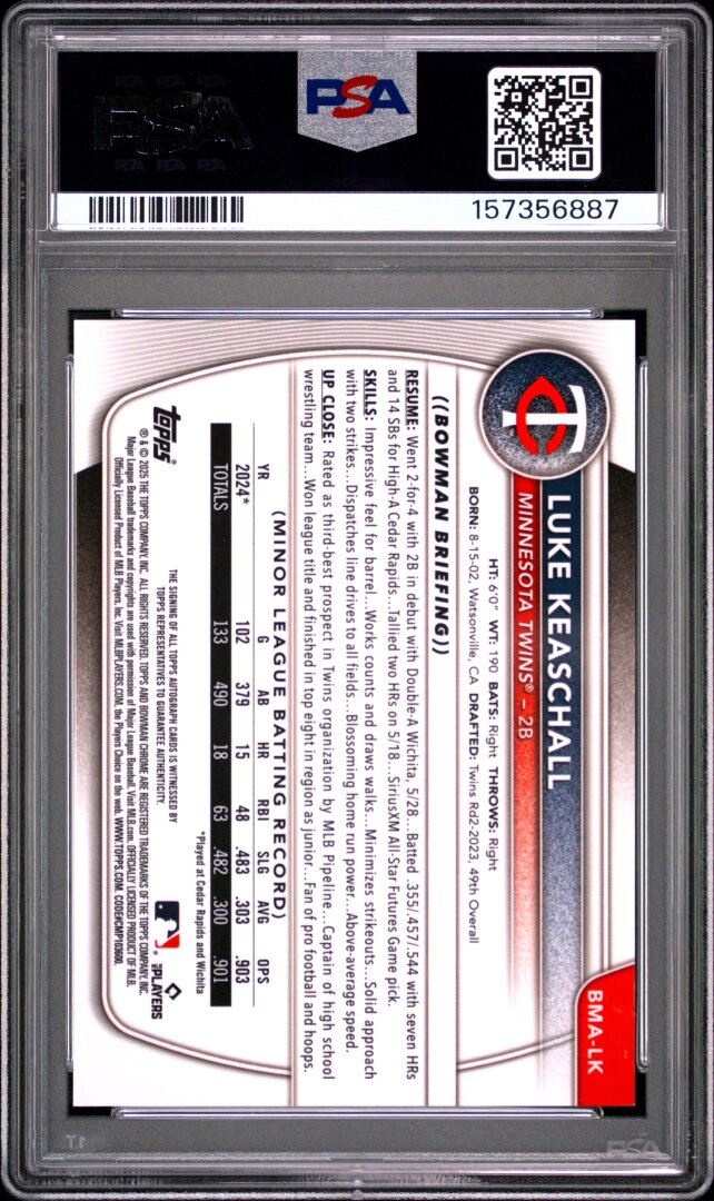 2025 Bowman Mega Box Luke Keaschall Auto Prospect Minnesota Twins PSA 10