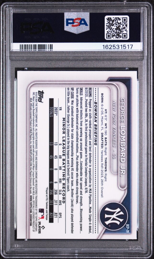 2024 Bowman Mega Box Chrome Prospects George Lombard Jr. PSA 9 #79