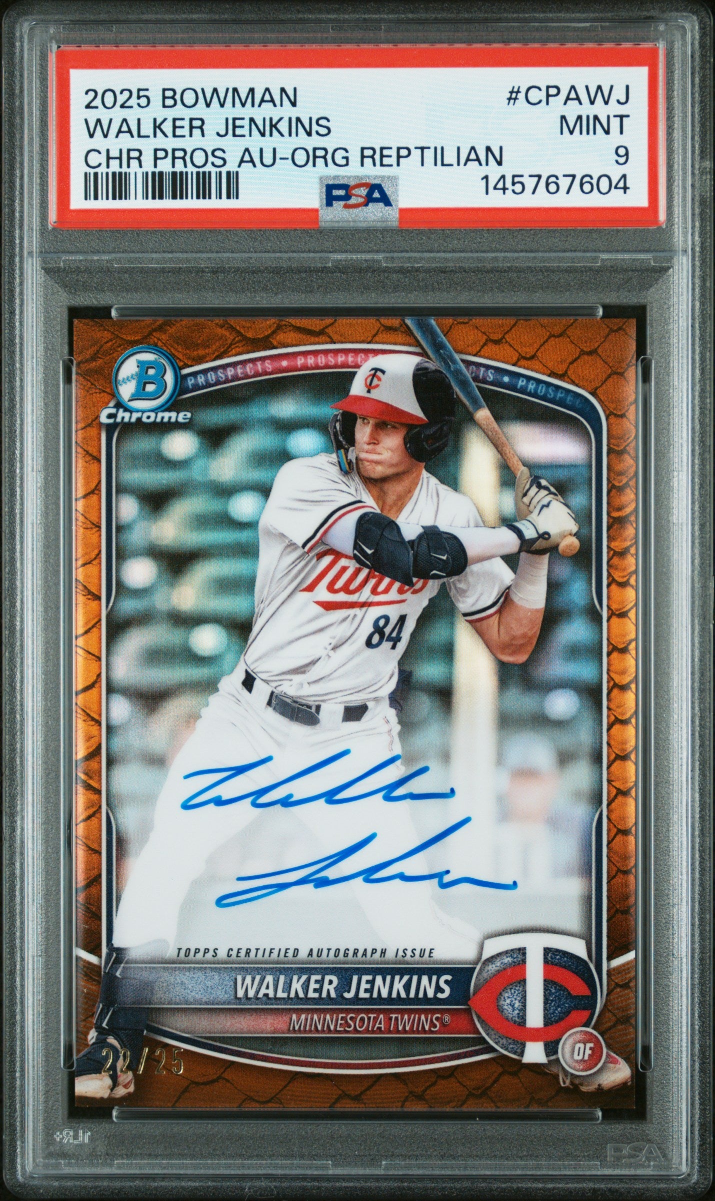 2025 Bowman Chrome Prospect Autographs Cpawj Walker Jenkins Orange Reptilian PSA 9