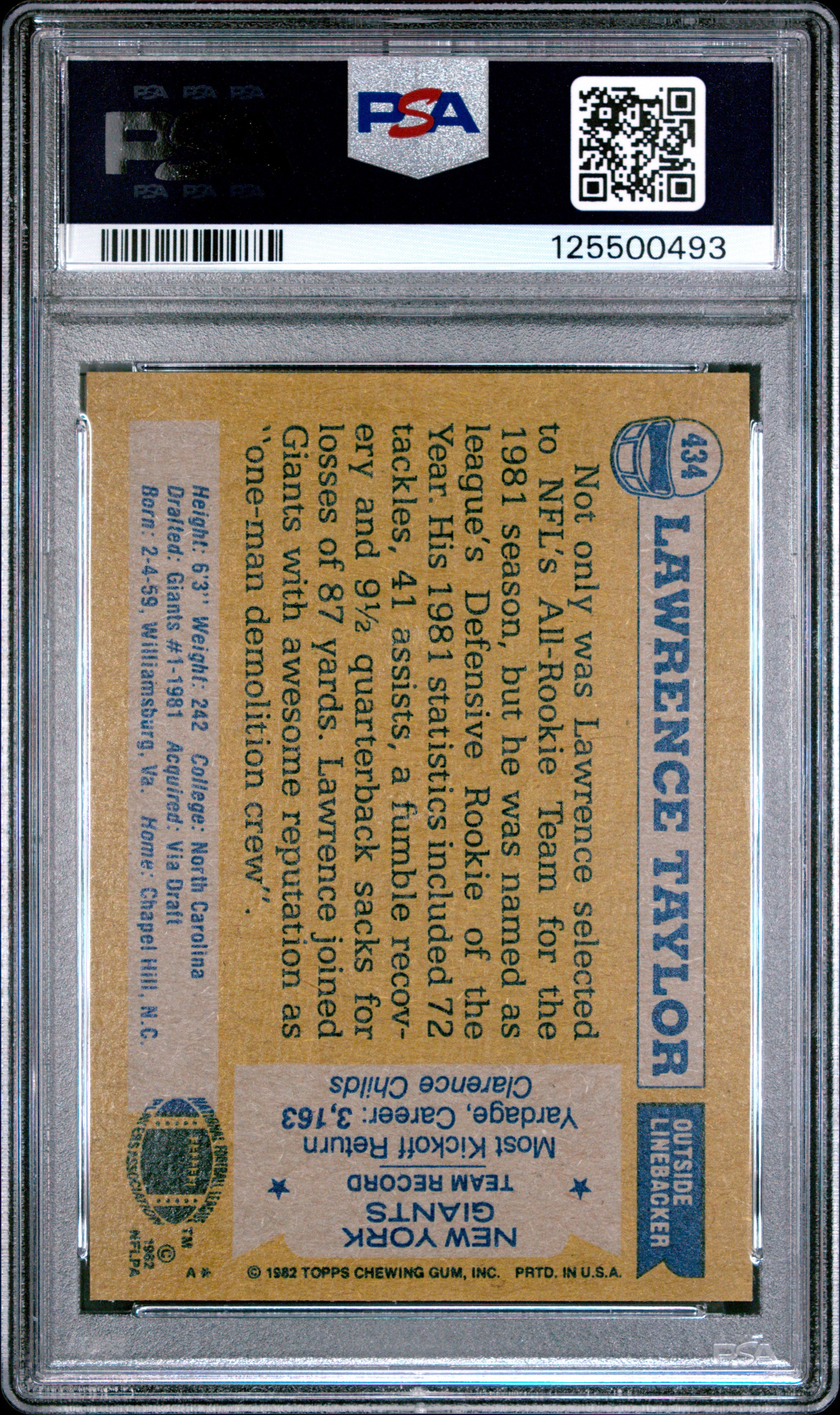 1982 TOPPS 434 LAWRENCE TAYLOR ALL-PRO PSA 6 - back