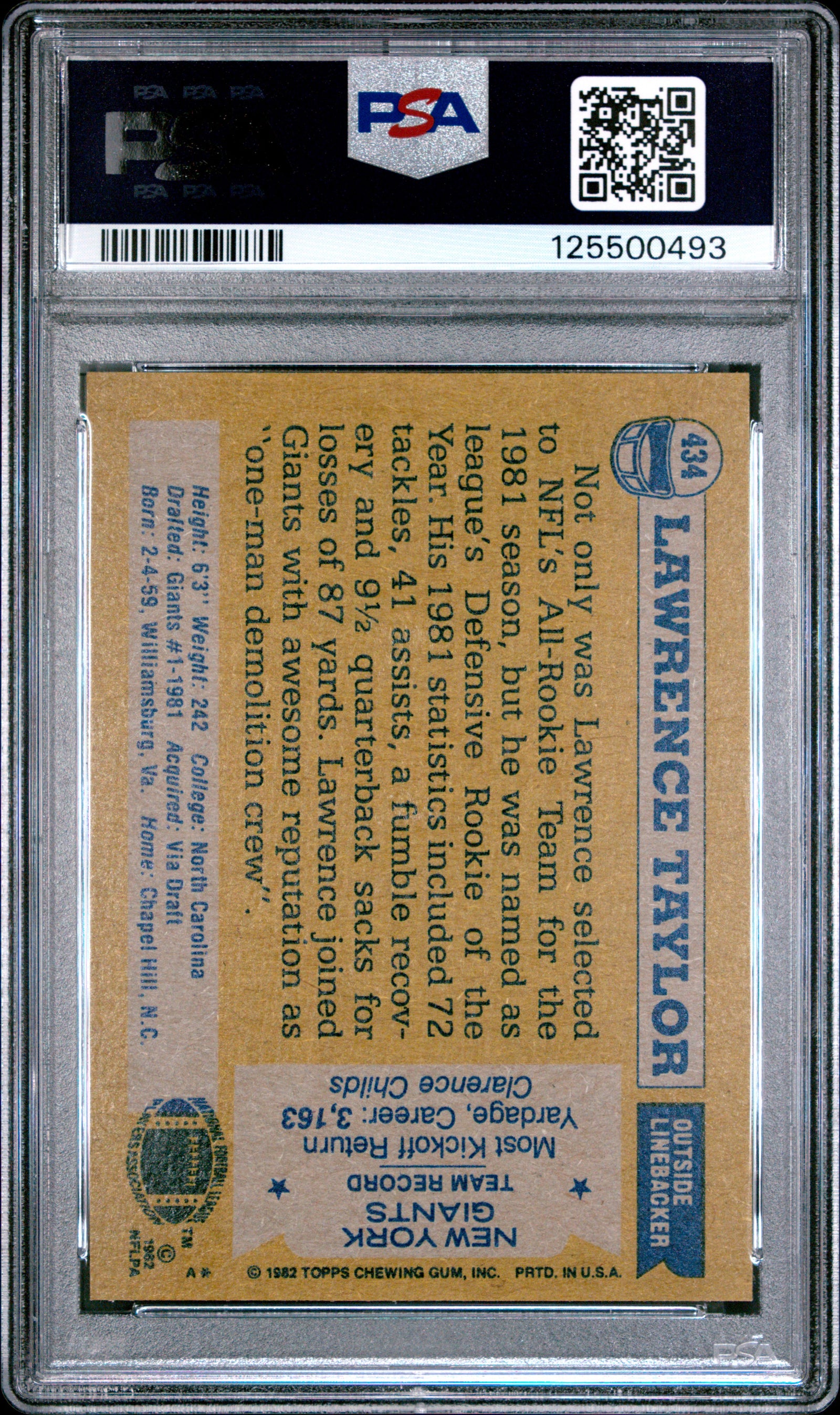 1982 TOPPS 434 LAWRENCE TAYLOR ALL-PRO PSA 6 - back