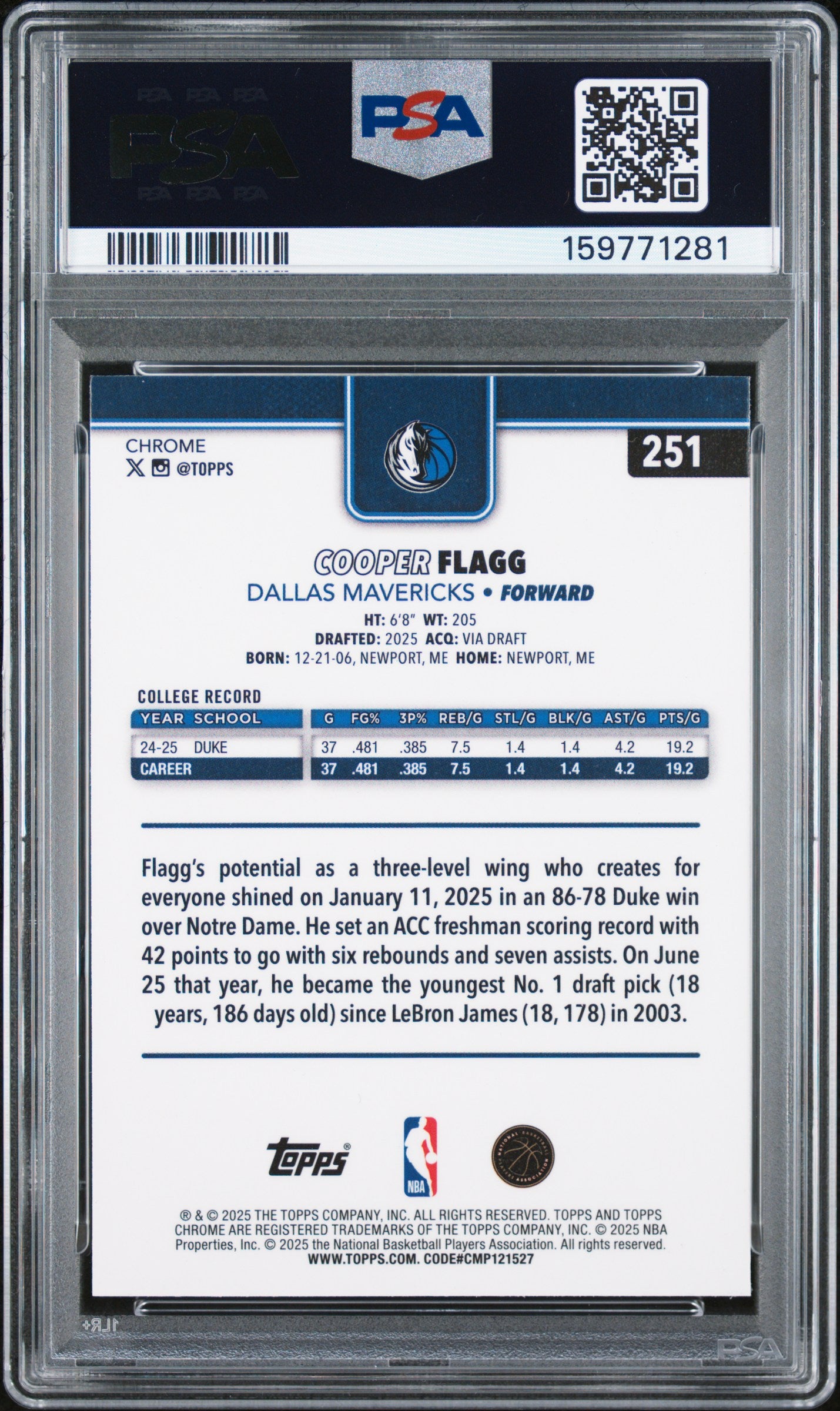 2025 TOPPS CHROME 251 COOPER FLAGG PSA 7 - back