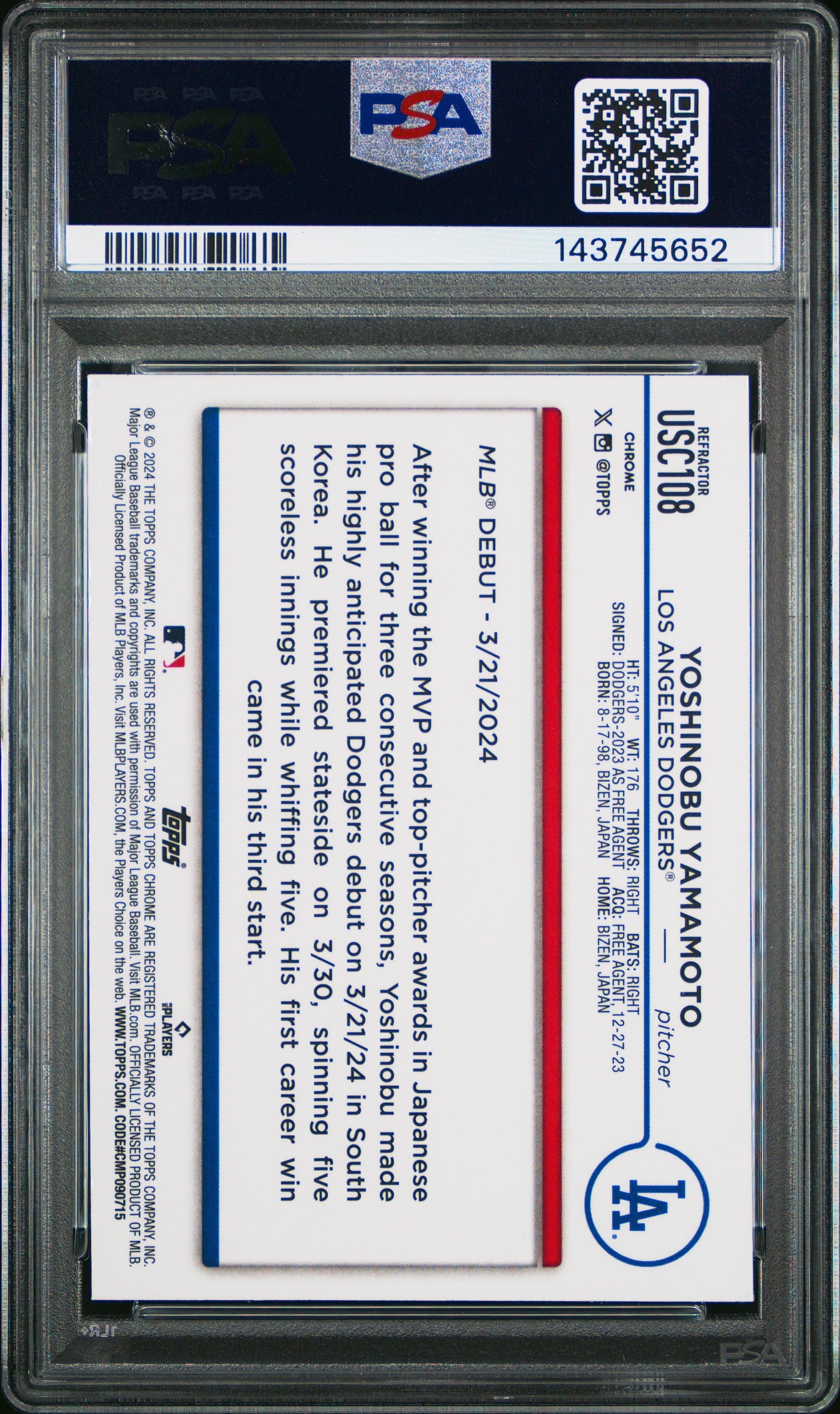 2024 Topps Chrome Update Usc108 Yoshinobu Yamamoto Prism Refractor PSA 9