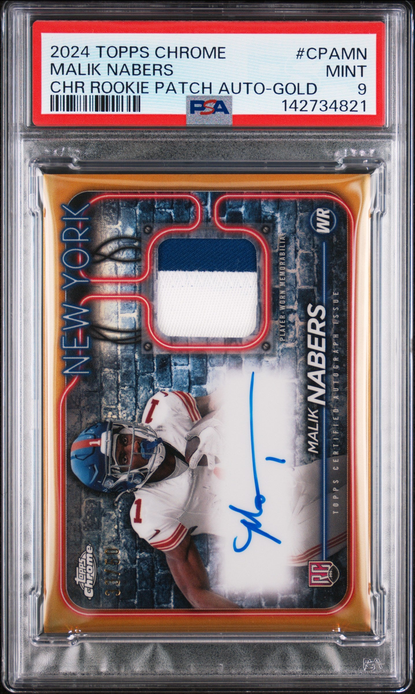 2024 TOPPS CHROME TOPPS CHROME ROOKIE PATCH AUTOGRAPHS CPAMN MALIK NABERS GOLD PSA 9 - front