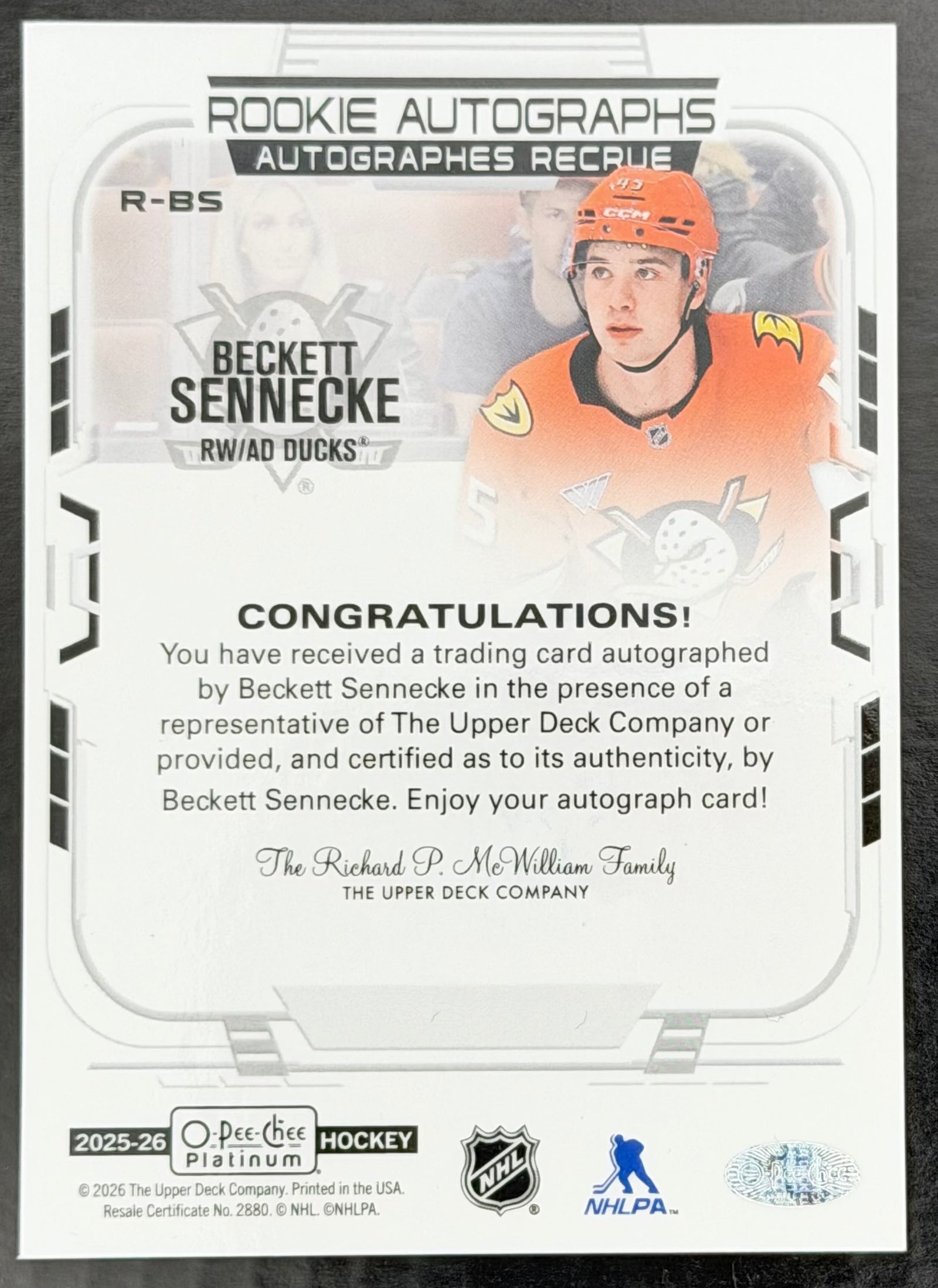2025-26 O-Pee-Chee Platinum Beckett Sennecke Rookie Autographs